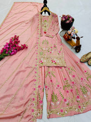 Gorgeous Blue Color  Embroidery Thread Work Sharara Suit