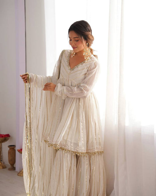 Innovative White Color Mirror Work Sharara Suit