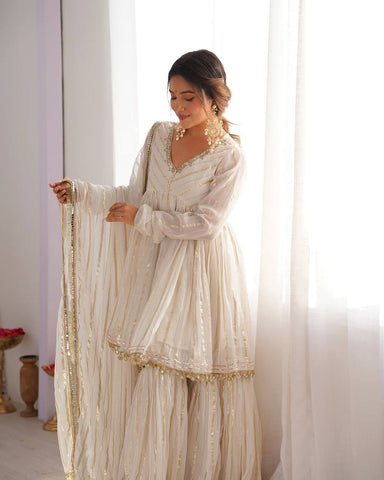 Innovative White Color Mirror Work Sharara Suit