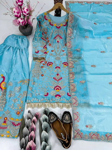 Glorious Sky Blue Embroidery Work Palazzo Suit