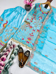 Glorious Sky Blue Embroidery Work Palazzo Suit