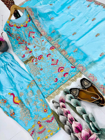 Glorious Sky Blue Embroidery Work Palazzo Suit