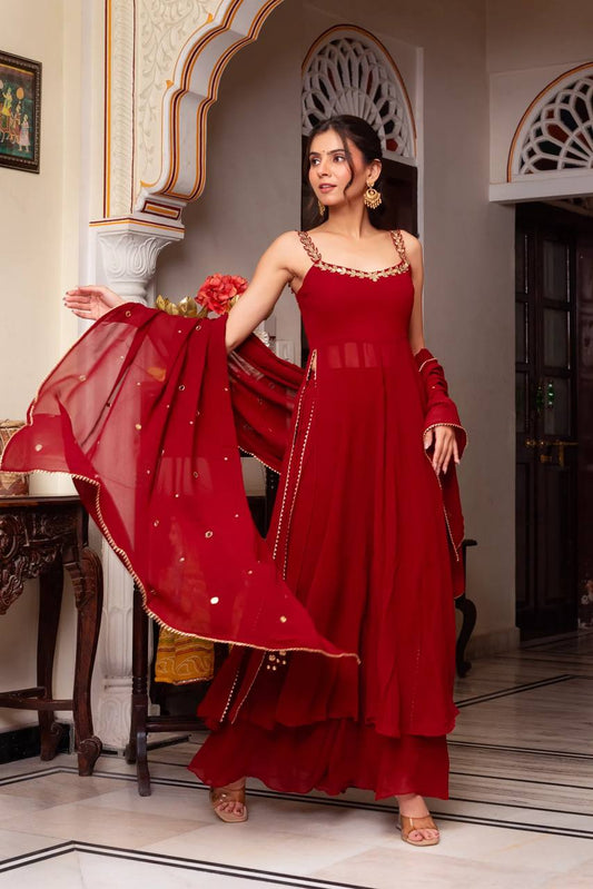 Ravishing Red Color Georgette Mirror Work Anarkali Suit