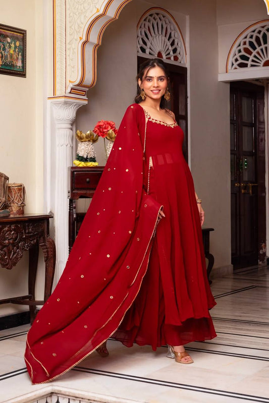 Ravishing Red Color Georgette Mirror Work Anarkali Suit