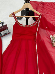 Ravishing Red Color Georgette Mirror Work Anarkali Suit