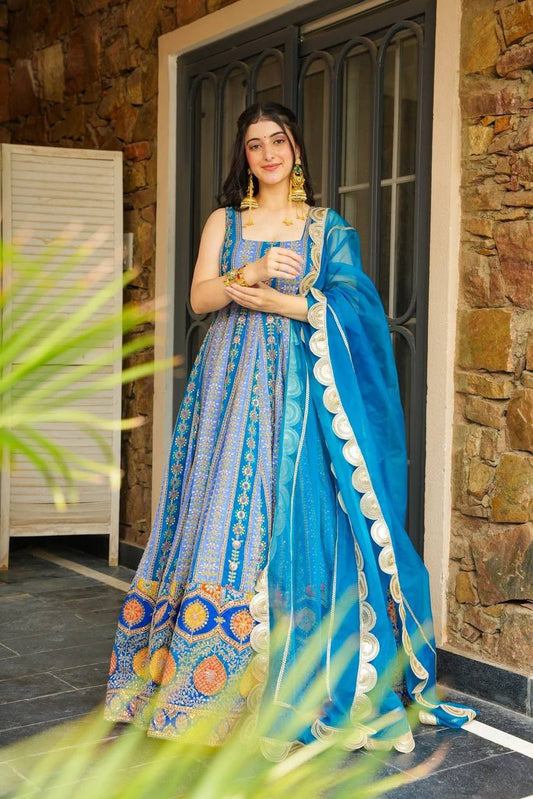 Fancy Blue  Digital Printed Organza Gown