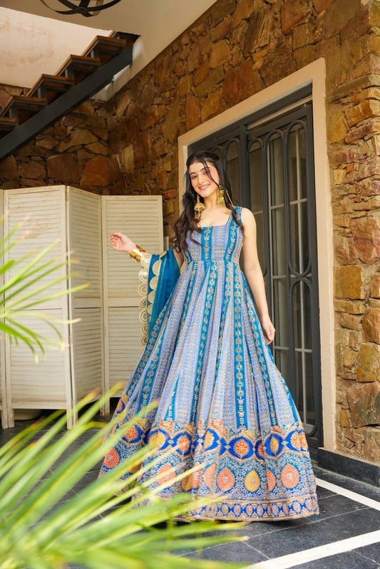 Fancy Blue  Digital Printed Organza Gown