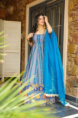 Fancy Blue  Digital Printed Organza Gown