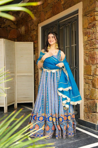 Fancy Blue  Digital Printed Organza Gown