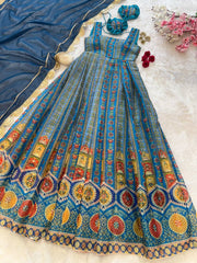 Fancy Blue  Digital Printed Organza Gown