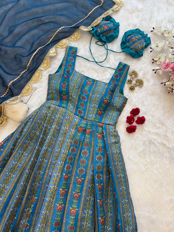 Fancy Blue  Digital Printed Organza Gown
