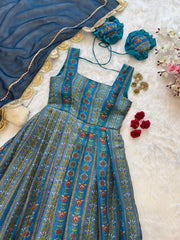 Fancy Blue  Digital Printed Organza Gown