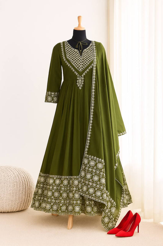 Glorious Mehndi Color Embroidery Work Gown