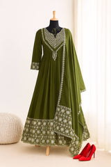 Glorious Mehndi Color Embroidery Work Gown