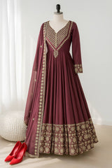 Glorious Mehndi Color Embroidery Work Gown
