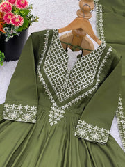Glorious Mehndi Color Embroidery Work Gown