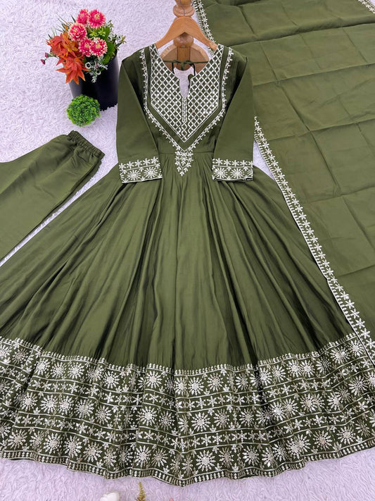 Glorious Mehndi Color Embroidery Work Gown