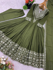 Glorious Mehndi Color Embroidery Work Gown