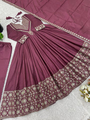 Glorious Mehndi Color Embroidery Work Gown