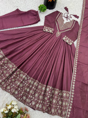 Glorious Mehndi Color Embroidery Work Gown