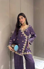 Alluring Purple Vichitra Silk Embroidery Palazzo Suit