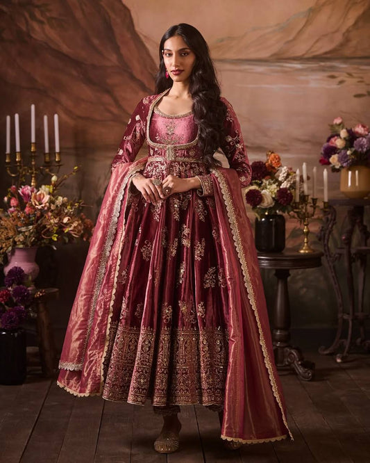 Lovely Wine Color Thread Work Anarkali Gown