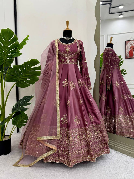 Lovely Wine Color Thread Work Anarkali Gown