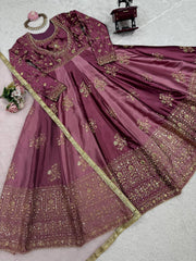 Lovely Wine Color Thread Work Anarkali Gown