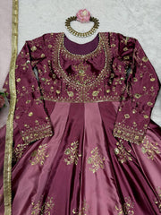 Lovely Wine Color Thread Work Anarkali Gown