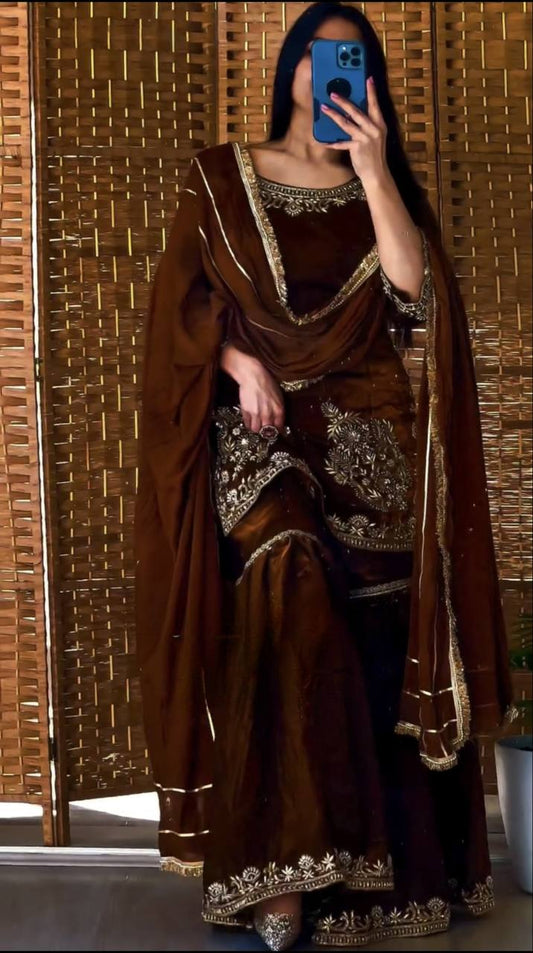 Lovely Brown Color Embroidery Work Sharara Suit