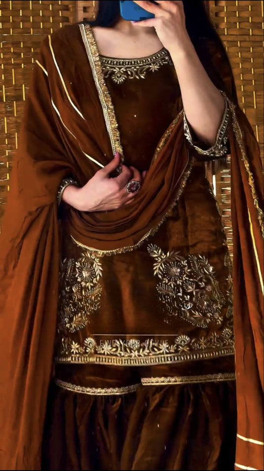 Lovely Brown Color Embroidery Work Sharara Suit