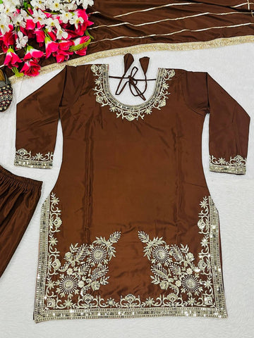 Lovely Brown Color Embroidery Work Sharara Suit