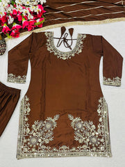 Lovely Brown Color Embroidery Work Sharara Suit