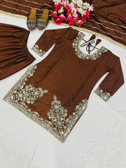 Lovely Brown Color Embroidery Work Sharara Suit