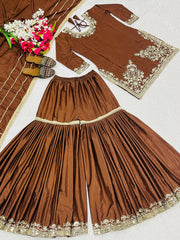 Lovely Brown Color Embroidery Work Sharara Suit