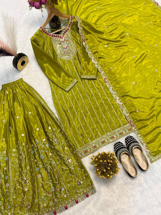 Lovely Mehndi Color Chinon Silk Work Palazzo Suit
