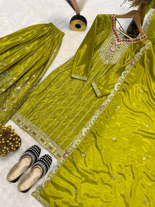 Lovely Mehndi Color Chinon Silk Work Palazzo Suit