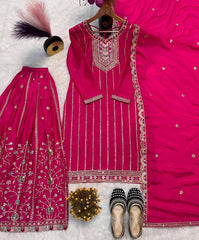 Lovely Mehndi Color Chinon Silk Work Palazzo Suit