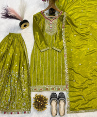 Lovely Mehndi Color Chinon Silk Work Palazzo Suit