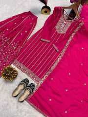 Lovely Mehndi Color Chinon Silk Work Palazzo Suit