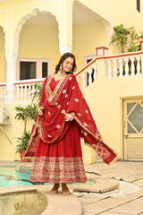 Lovely Red Color Embroidery Work Gown