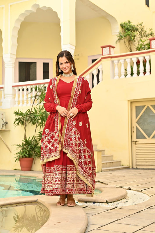 Lovely Red Color Embroidery Work Gown