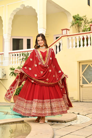 Lovely Red Color Embroidery Work Gown