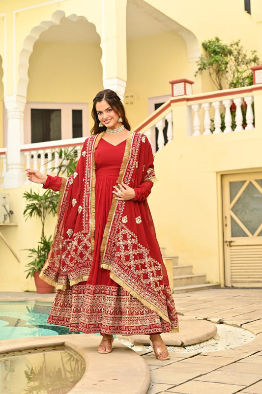Lovely Red Color Embroidery Work Gown