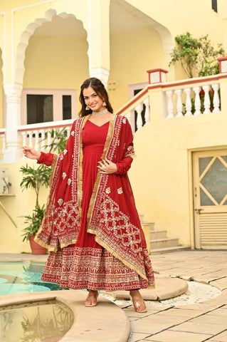 Lovely Red Color Embroidery Work Gown