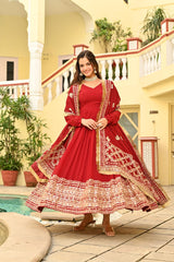 Lovely Red Color Embroidery Work Gown