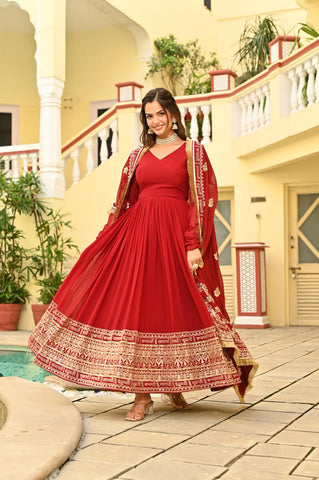 Lovely Red Color Embroidery Work Gown