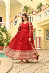 Lovely Red Color Embroidery Work Gown