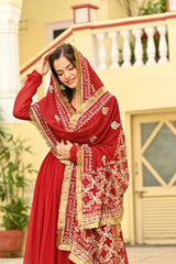 Lovely Red Color Embroidery Work Gown