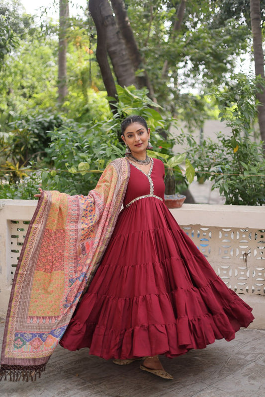 Ravishing Maroon Color V Neck Designer Gown